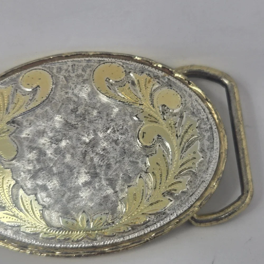 Vintage Western Belt Buckle Silver Gold Tone Floral Filigree Engraved Oval‎ USA